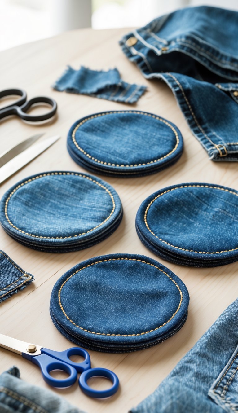 A set of blue denim coasters arranged on a wooden table with crafting tools and denim scraps nearby.